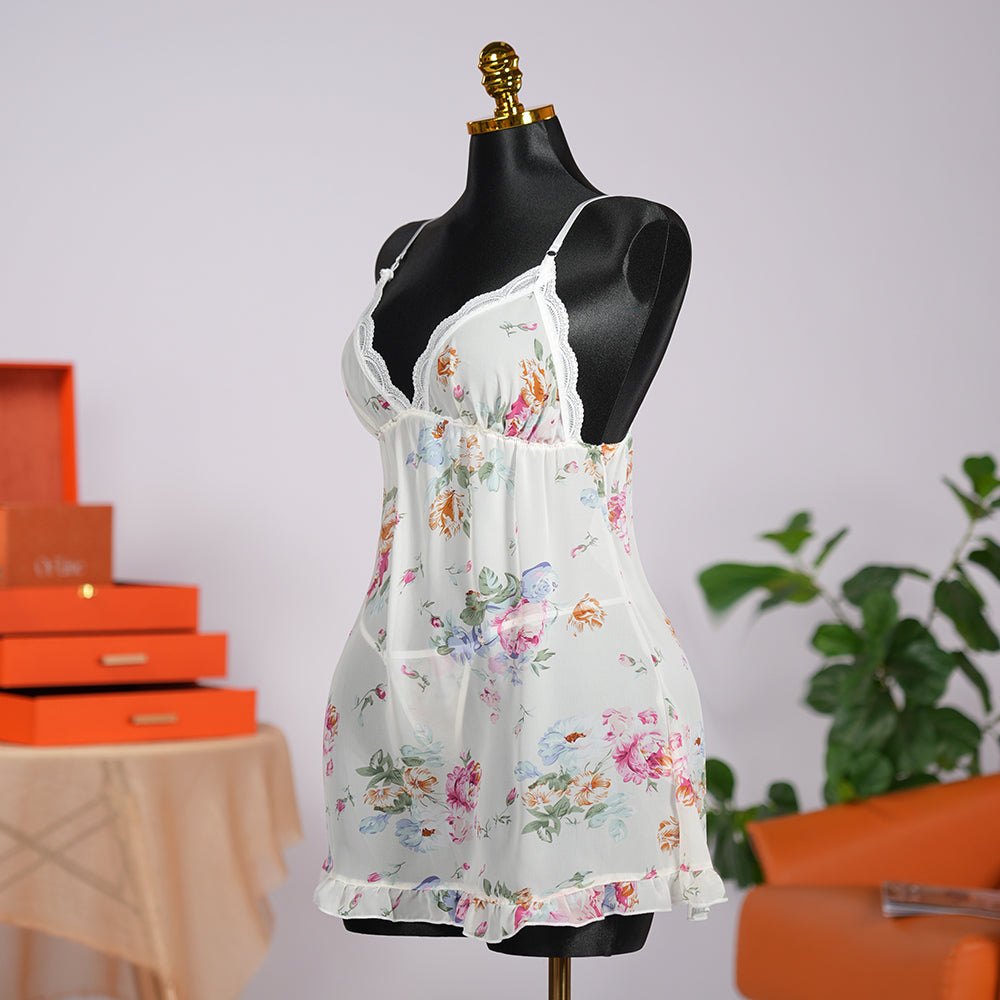 Floral prints White Satin Sleep Dress