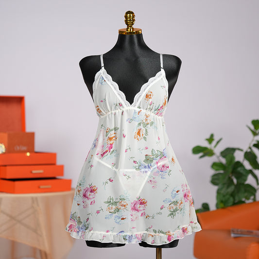 Floral prints White Satin Sleep Dress