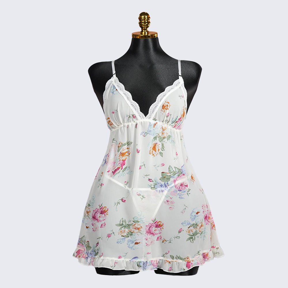Floral prints White Satin Sleep Dress