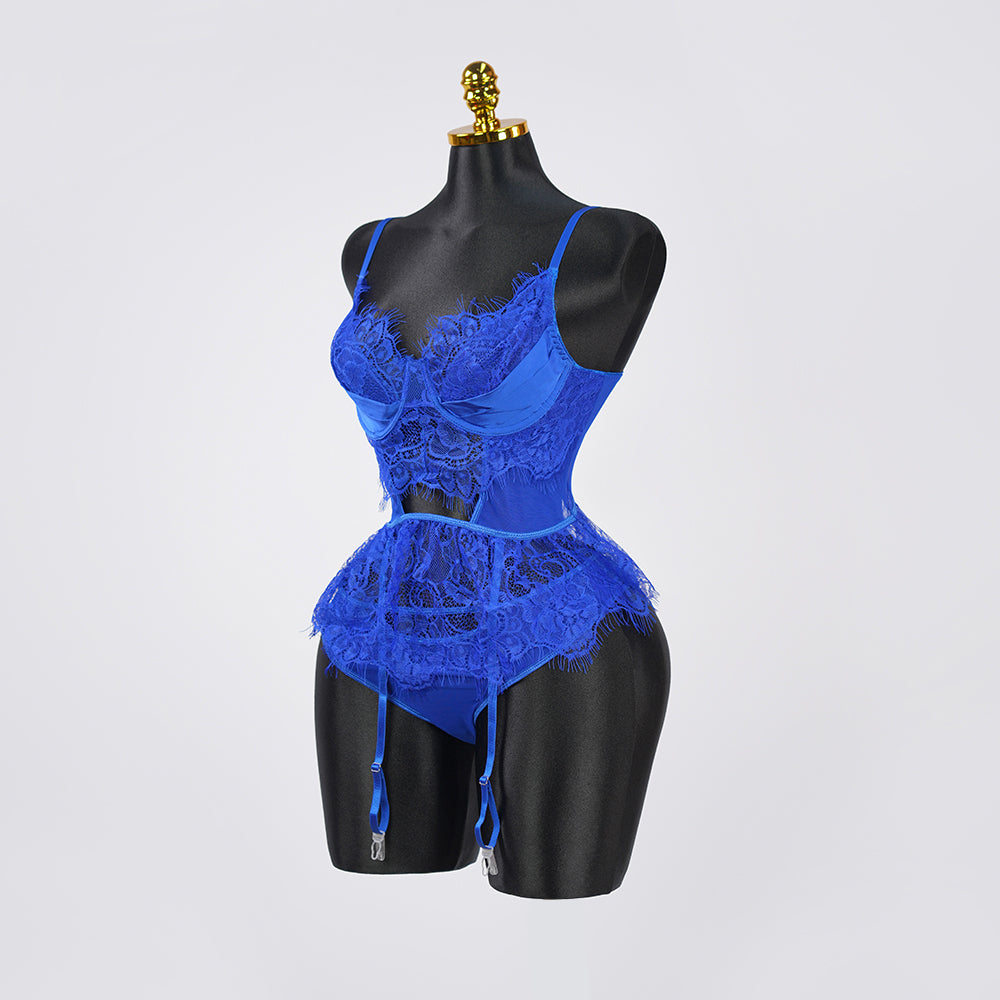 Blue Lace Floral Embroidered Bodysuit