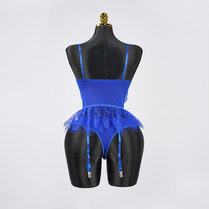 Blue Lace Floral Embroidered Bodysuit