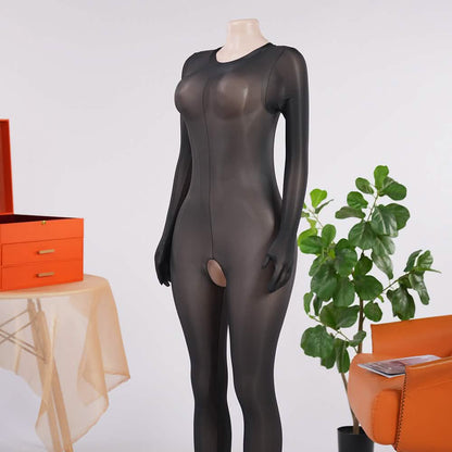 Glossy Open-Crotch Full-Body Bodystocking