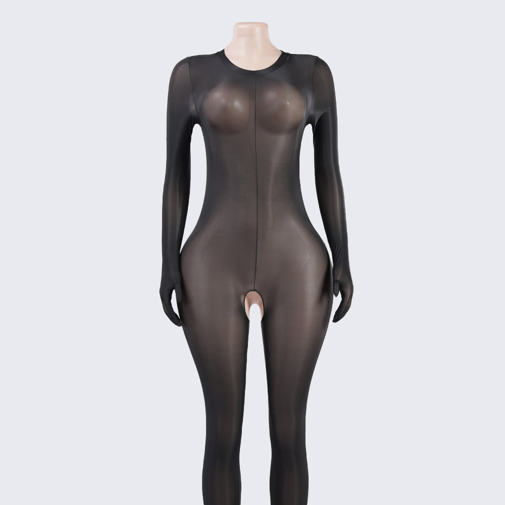 Glossy Open-Crotch Full-Body Bodystocking