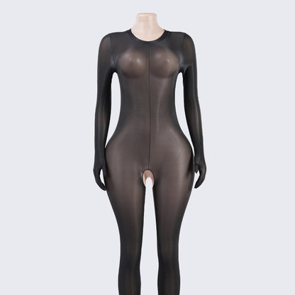 Glossy Open-Crotch Full-Body Bodystocking