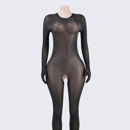 Glossy Open-Crotch Full-Body Bodystocking