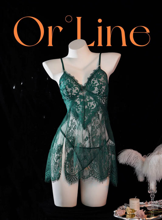 Green Full-body Lace See-through Top Thong Set