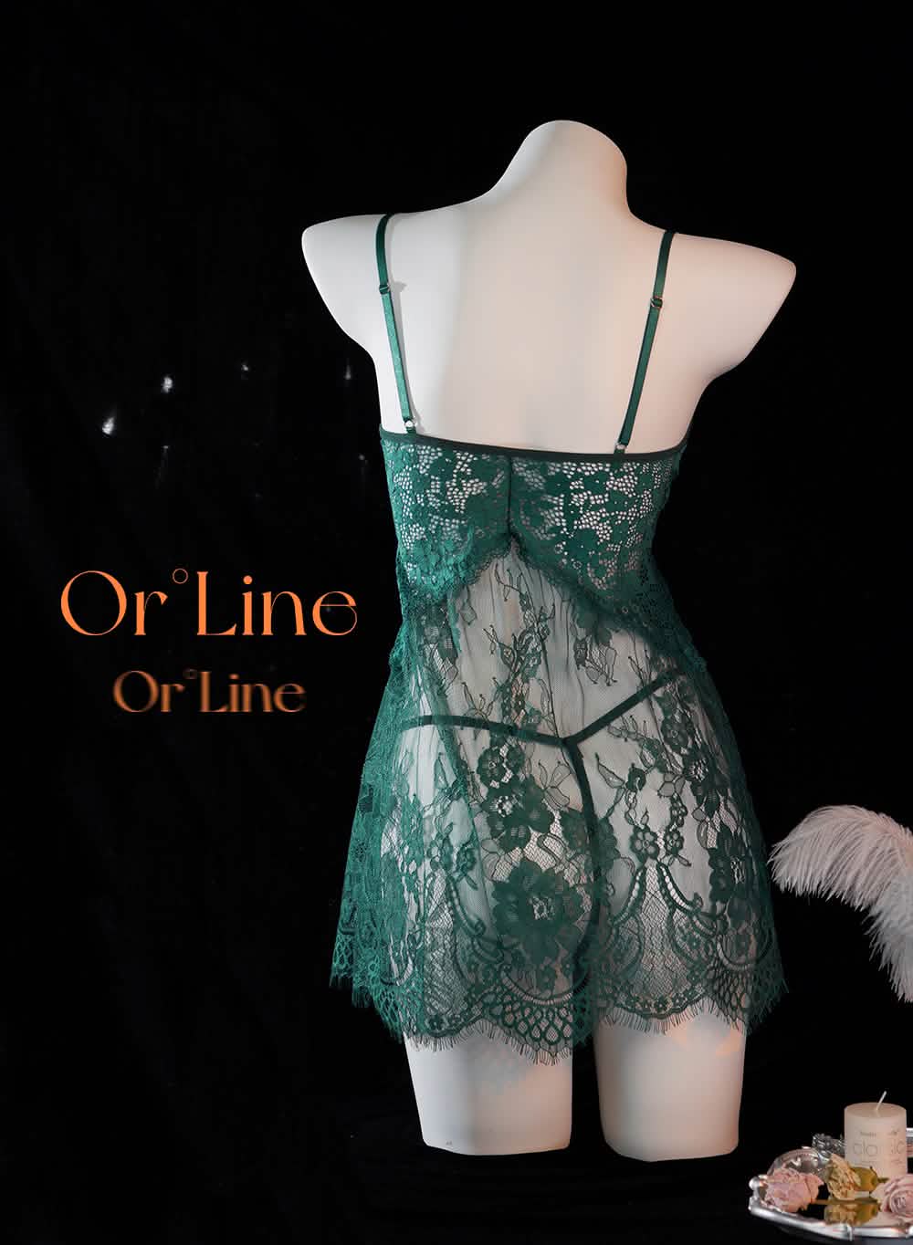 Green Full-body Lace See-through Top Thong Set