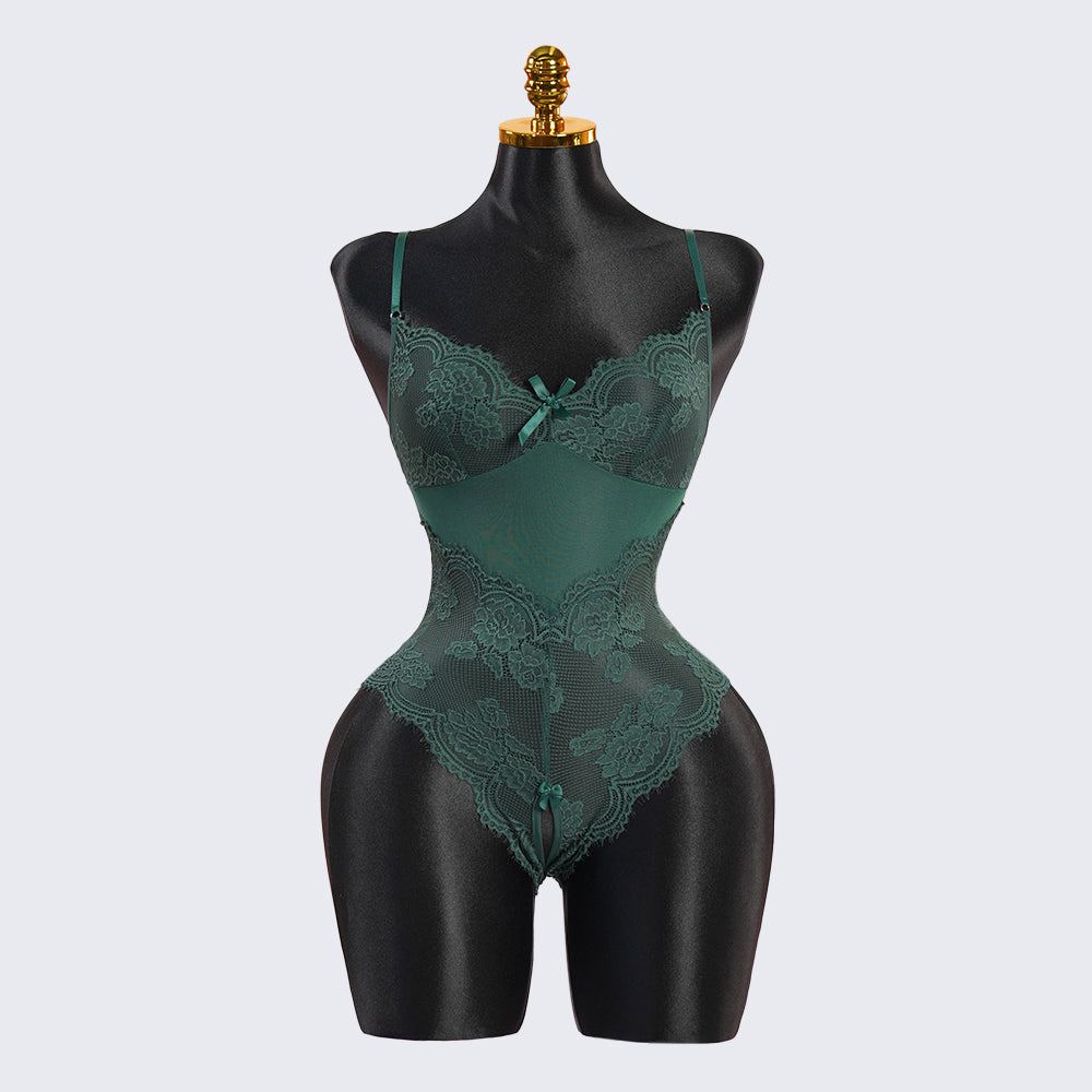 Green Floral Lace Mesh Bodysuit