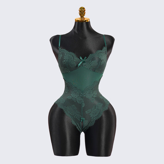Green Floral Lace Mesh Bodysuit