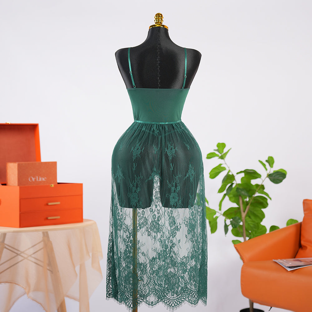 Green Lace Embroidery Negligee Dress