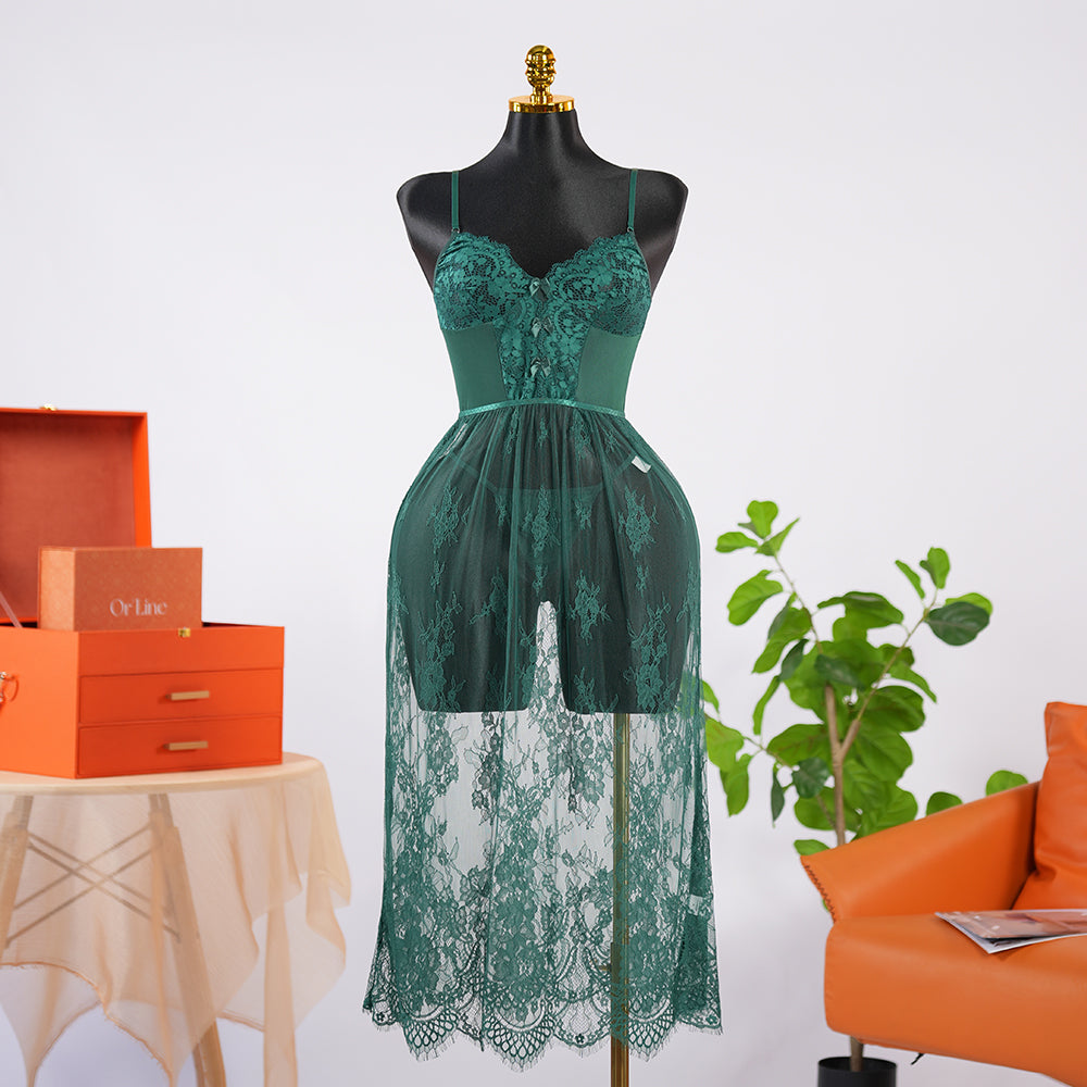 Green Lace Embroidery Negligee Dress