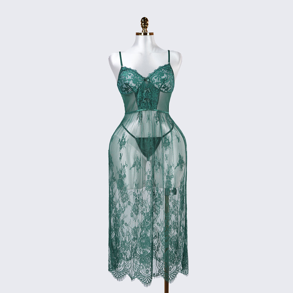 Green Lace Embroidery Negligee Dress