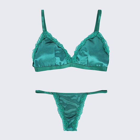 Green Lace Trim Push Up Bra Panty Set