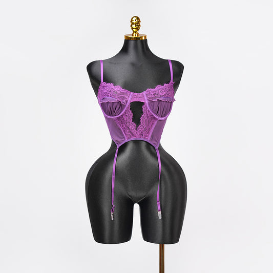 Purple Lace Embroidered Stockings Bra Panty Set