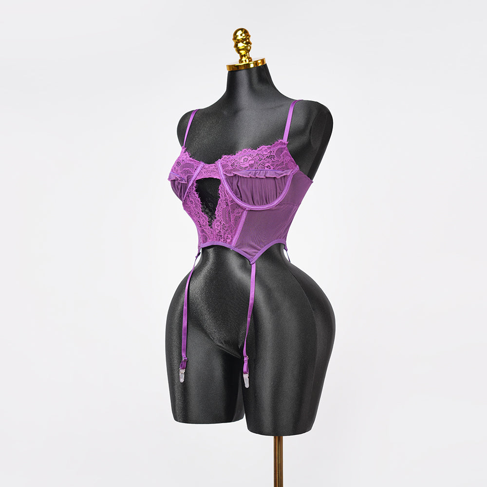 Purple Lace Embroidered Stockings Bra Panty Set