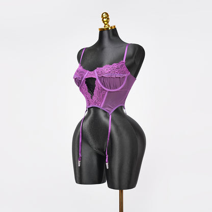 Purple Lace Embroidered Stockings Bra Panty Set