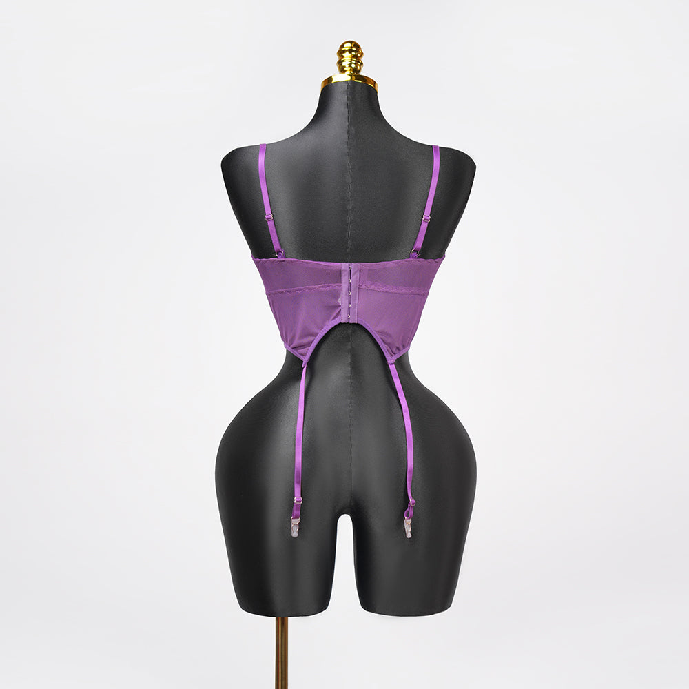 Purple Lace Embroidered Stockings Bra Panty Set