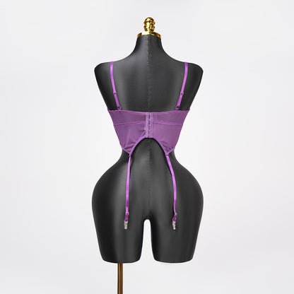 Purple Lace Embroidered Stockings Bra Panty Set