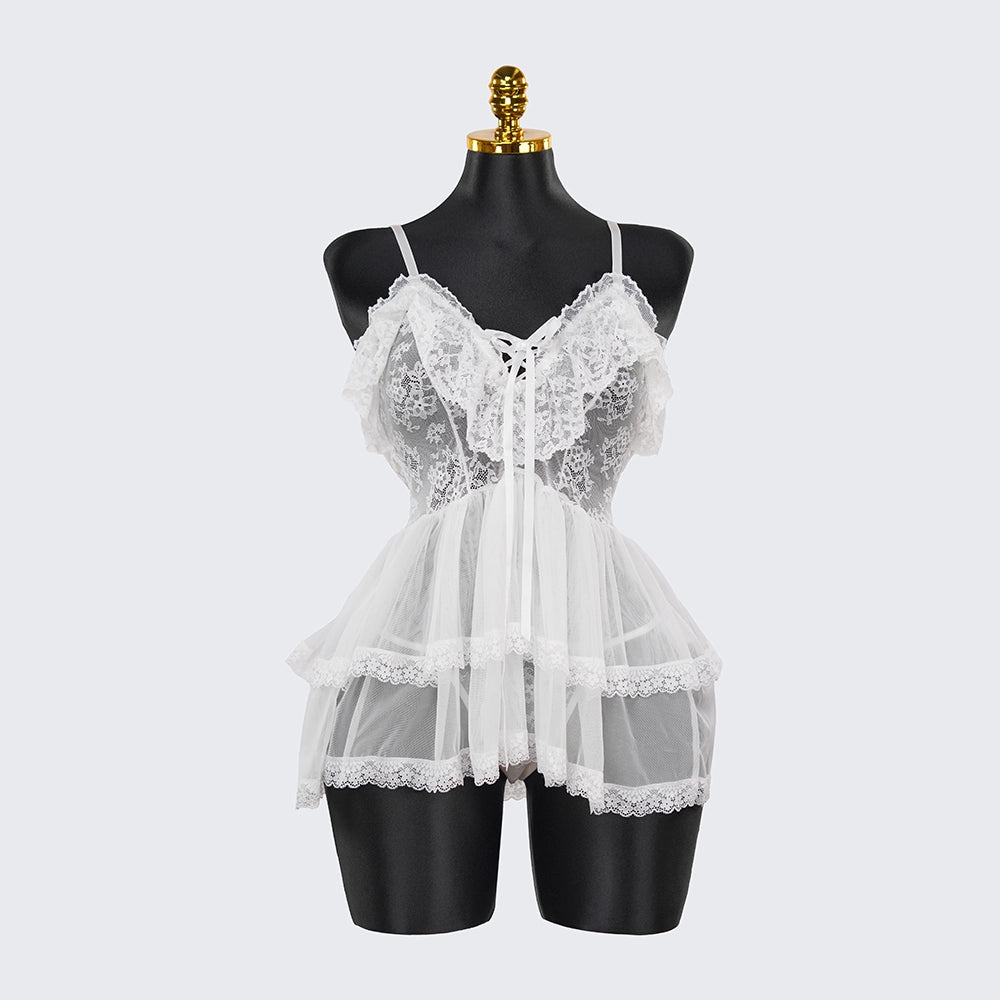 Lace Embroidery Deep V See-Through Babydoll Skirt