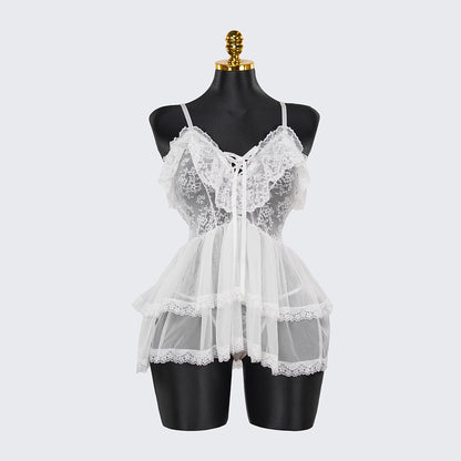 Lace Embroidery Deep V See-Through Babydoll Skirt
