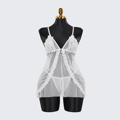 Lace Embroidery Deep V See-Through High Slit Babydoll Thong Set
