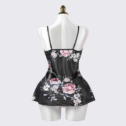 Black Lace Embroidery Seduction High Slit Suspender Panty Set