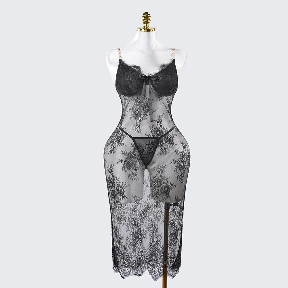 Lace Embroidery See-Through Bridal Lingerie Dress
