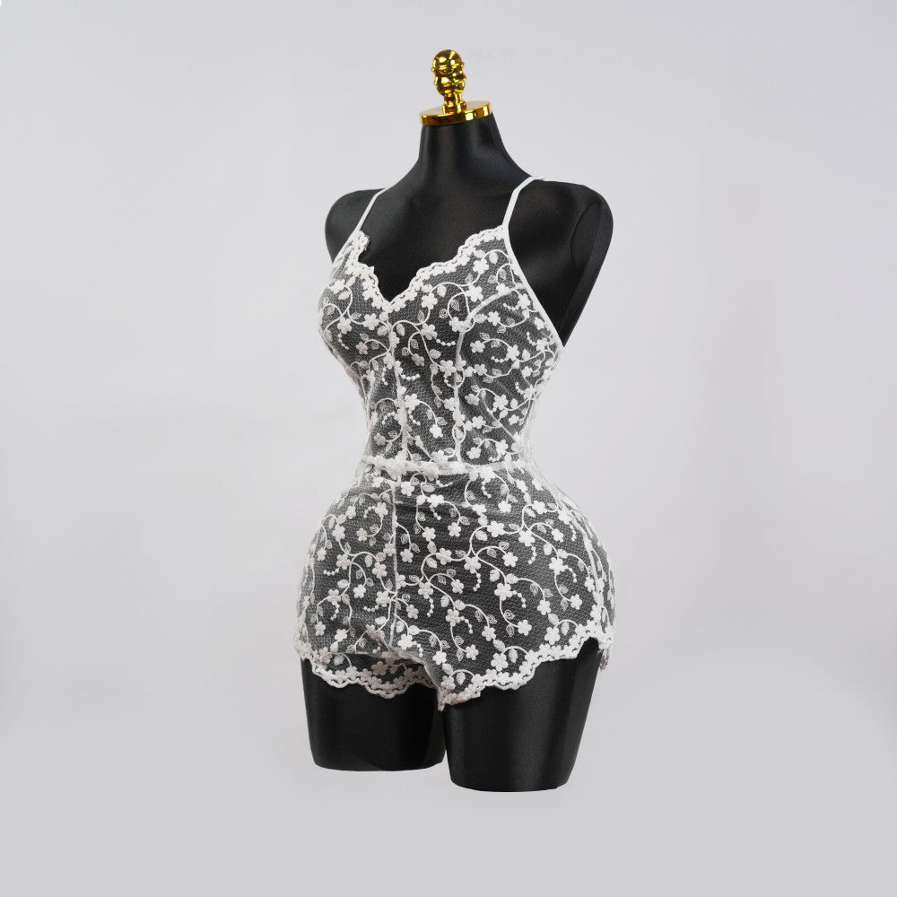 White Lace Embroidery See-Through Hollow Teddy Bodysuit
