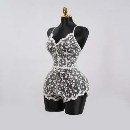 White Lace Embroidery See-Through Hollow Teddy Bodysuit