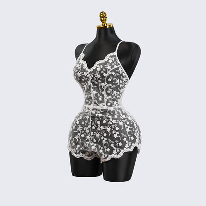 White Lace Embroidery See-Through Hollow Teddy Bodysuit