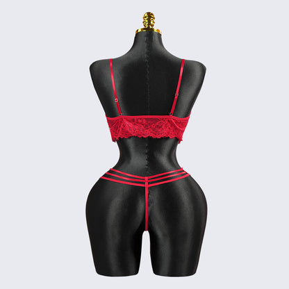 Red Lace Embroidery See-Through Sexy Bra Thong Set