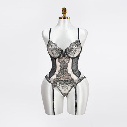 Lace Floral Embroidered Bodysuit Gloves Set