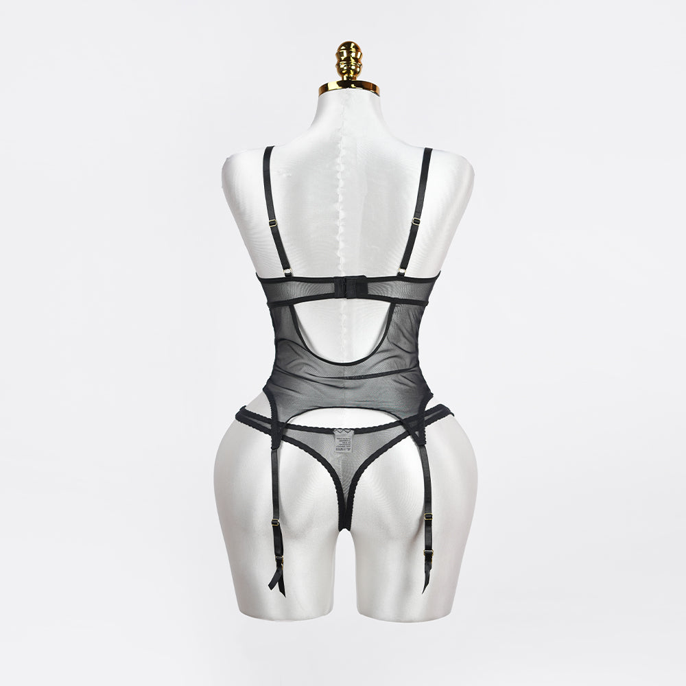 Lace Floral Embroidered Bodysuit Gloves Set