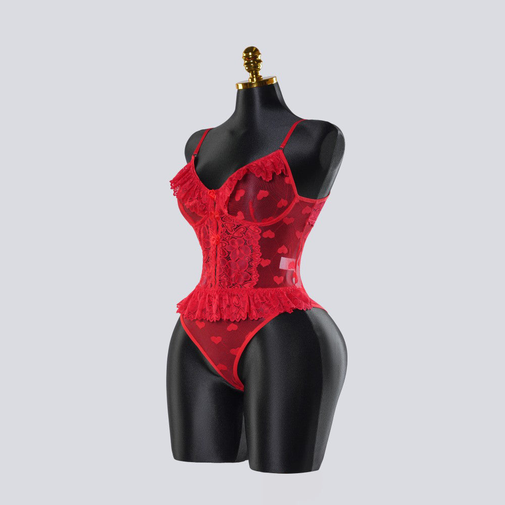 Red Lace Heart Embroidered See-Through Teddy Bodysuit