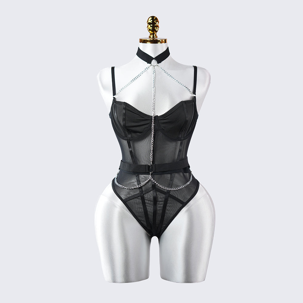 Lace See-Through Metal Chain Bodysuit