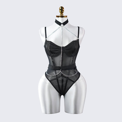 Lace See-Through Metal Chain Bodysuit