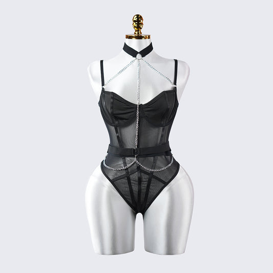 Lace See-Through Metal Chain Bodysuit