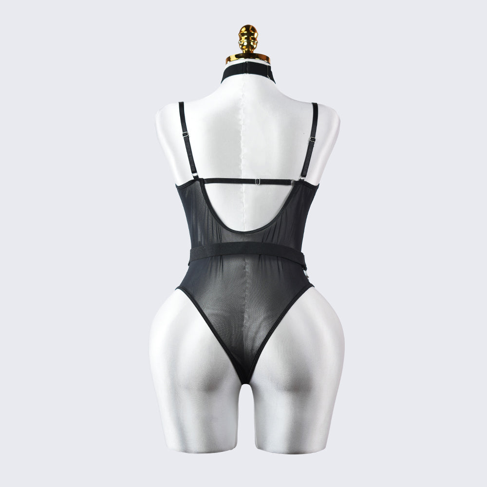 Lace See-Through Metal Chain Bodysuit