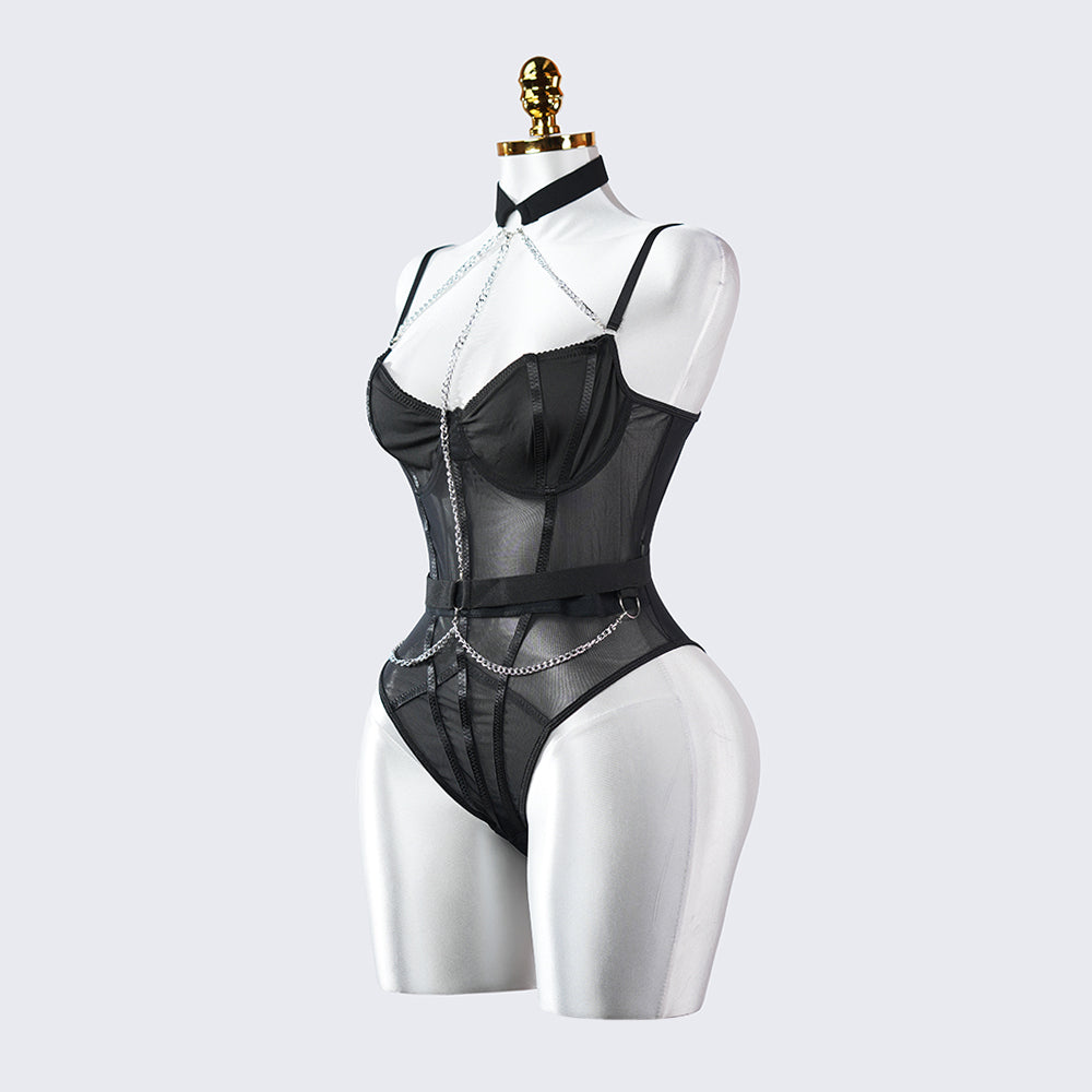 Lace See-Through Metal Chain Bodysuit