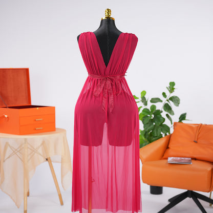 Red Lace See-Through Seduction Dress Panties Set