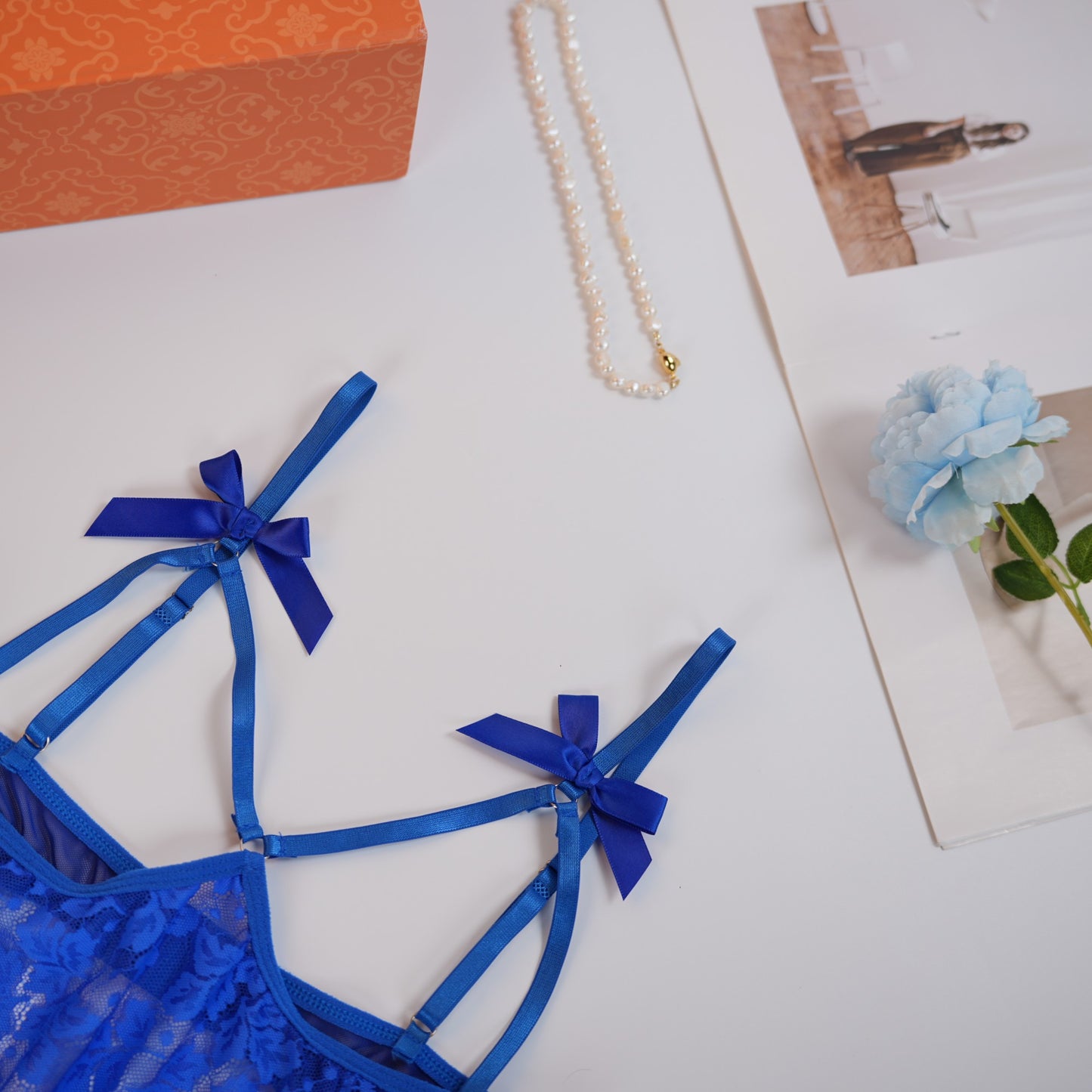 Blue Lace Open Crotch Design Bodysuit