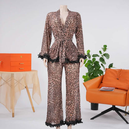 Leopard Contrast Cuffs 2 Piece Silky Pajama Set