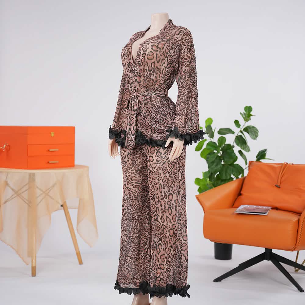 Leopard Contrast Cuffs 2 Piece Silky Pajama Set