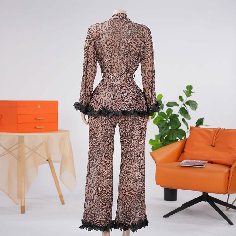 Leopard Contrast Cuffs 2 Piece Silky Pajama Set