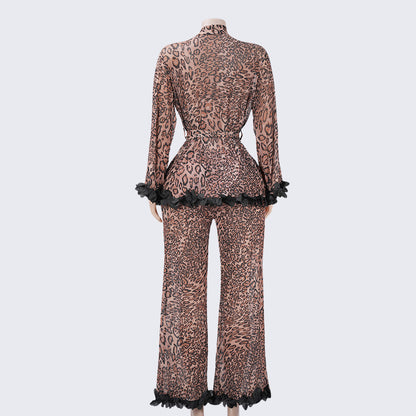 Leopard Contrast Cuffs 2 Piece Silky Pajama Set
