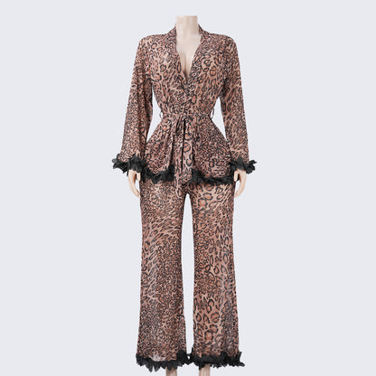 Leopard Contrast Cuffs 2 Piece Silky Pajama Set