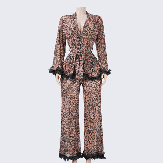 Leopard Contrast Cuffs 2 Piece Silky Pajama Set