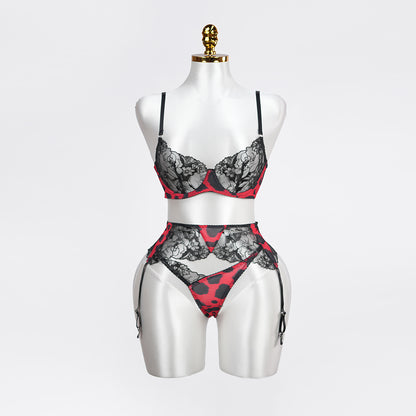 Leopard Print Embroidered Bra Panty Set