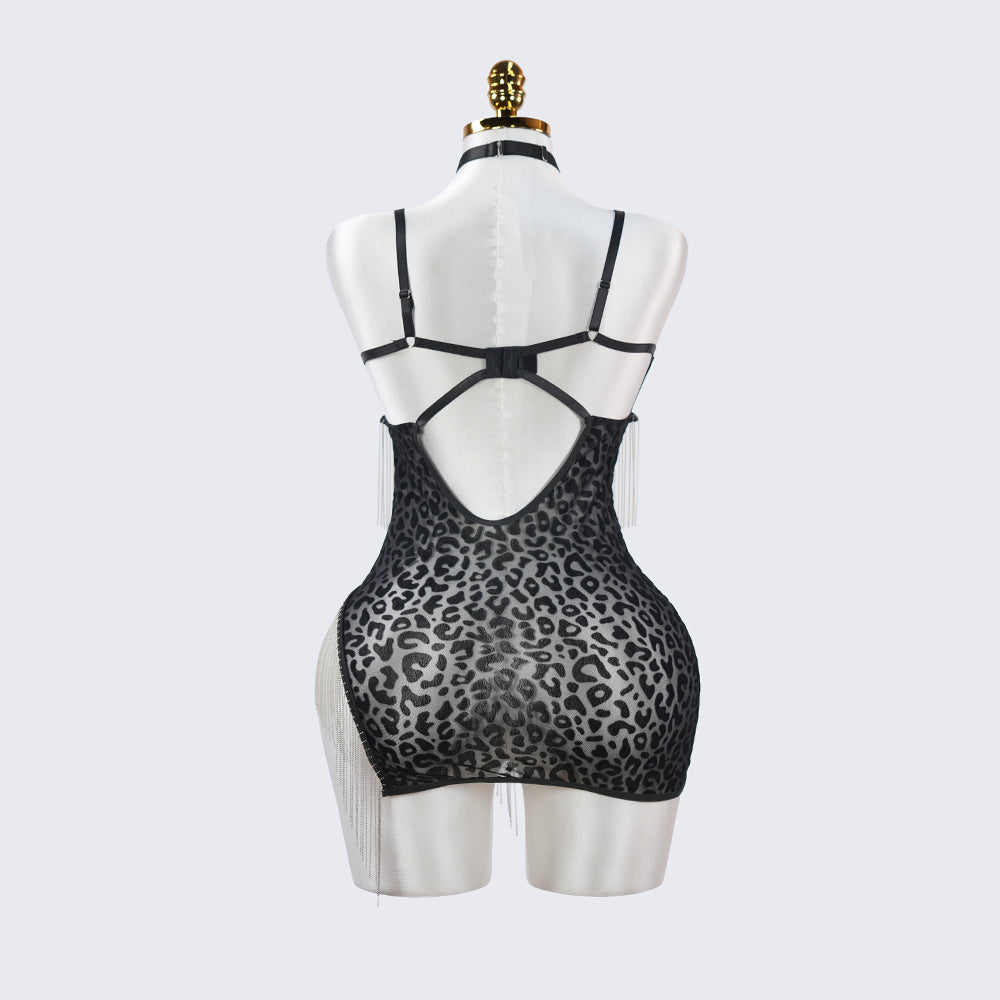 Leopard Print Fringe Daring Cutout Bodysuit