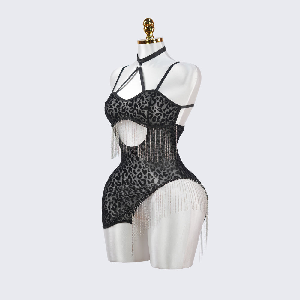 Leopard Print Fringe Daring Cutout Bodysuit